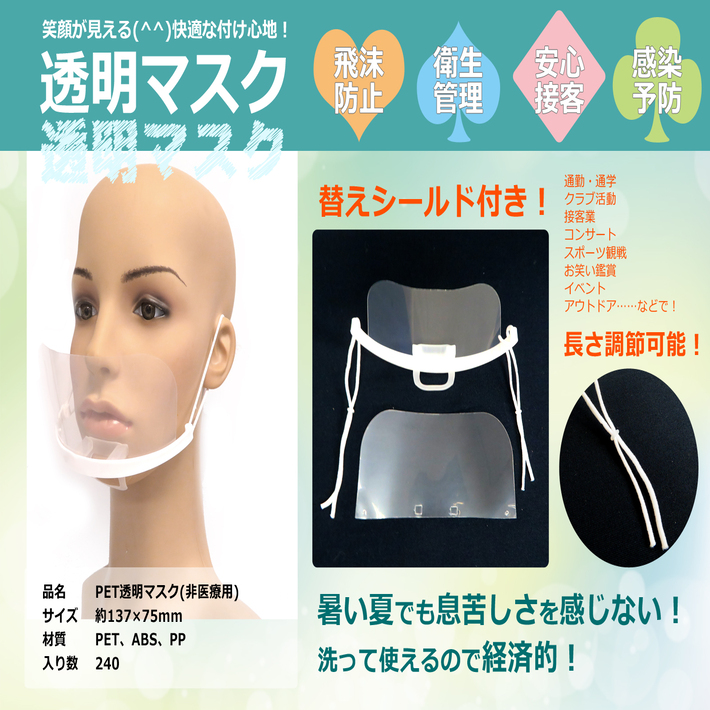 PET透明マスク（非医療用）　使い捨てタイプ　YSTM01